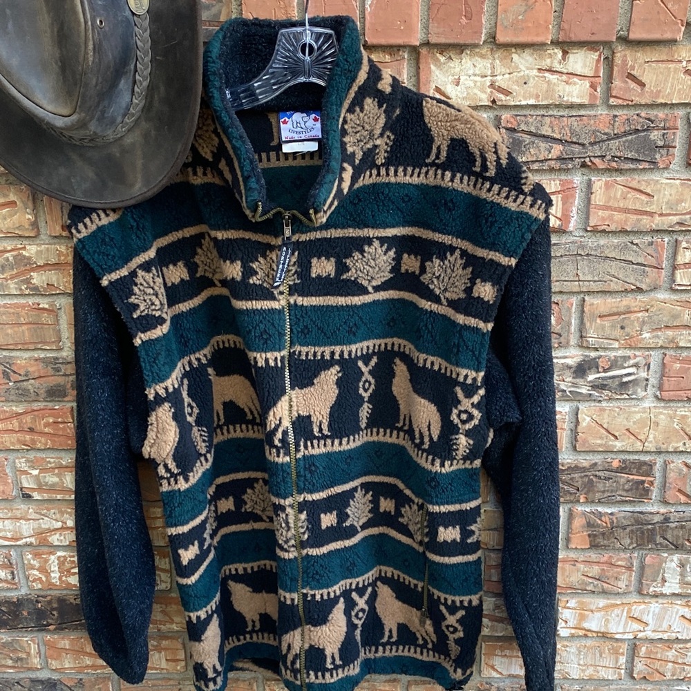 🎄Northern Lifestyles Black, green and Tan Zip-Up Fleece Jacket L